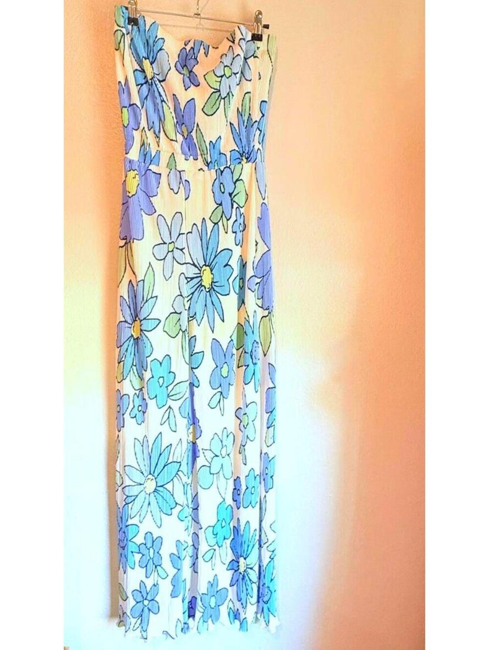 Peppermayo Blue Daisy Pleated Strapless Wide Leg Jumpsuit Boho Festival Size 6